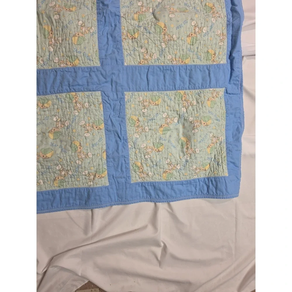 VTG 90's Precious Moments Quilted Baby Crib Blanket 42 X 32 Boys Baseball
